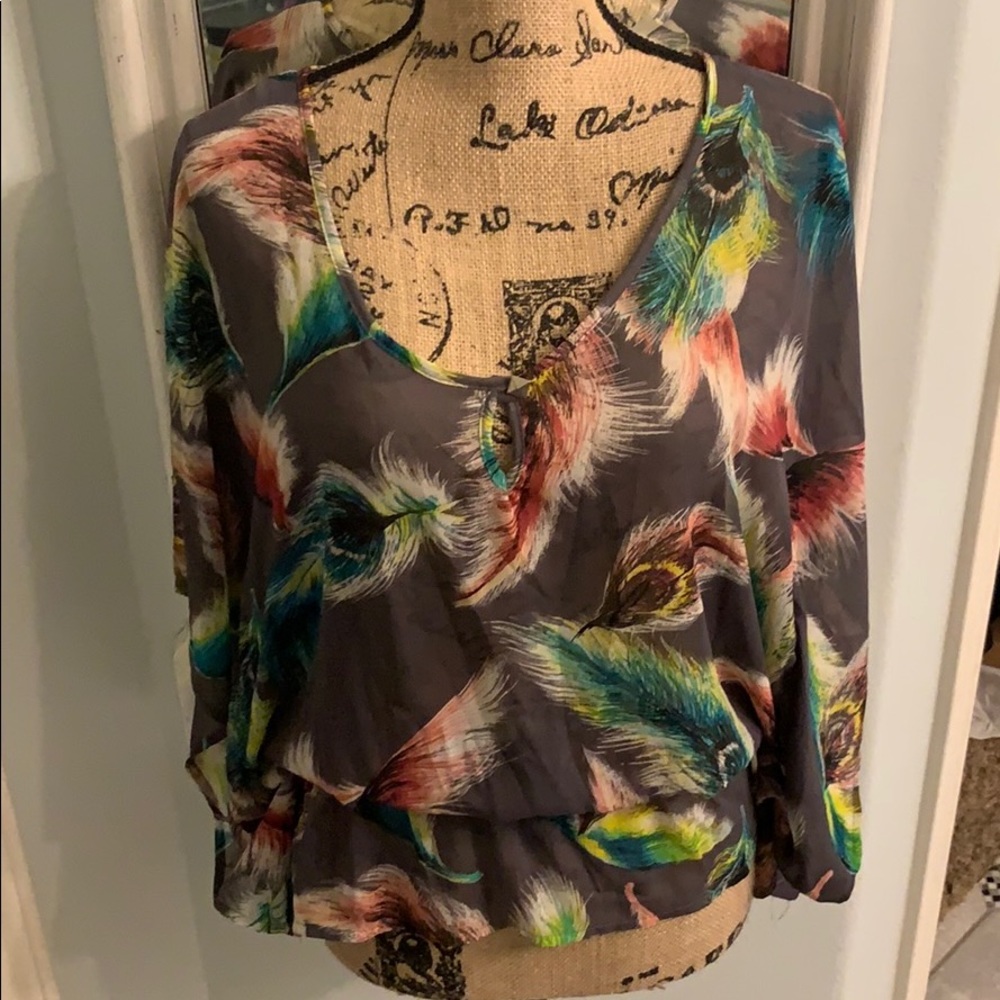 Bar III Peacock Print Batwing Flutter Top Small